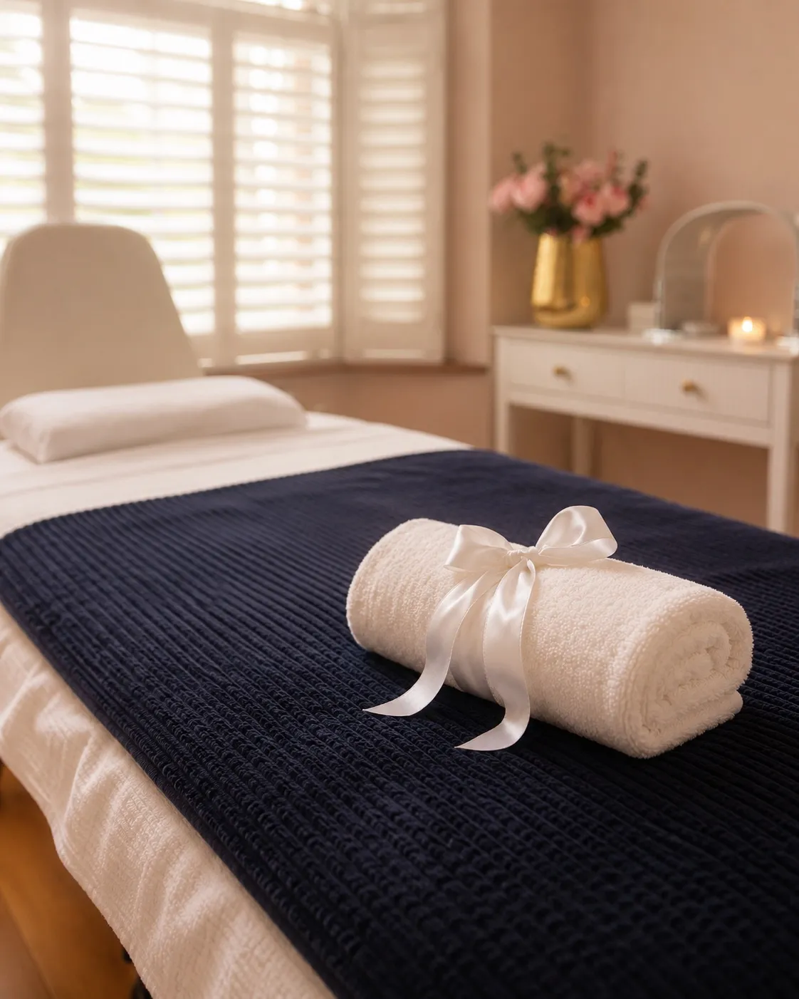 A treatment bed set with a rolled towel in the Essência Skin studio